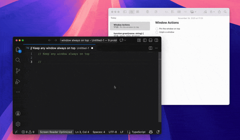 Floaty keeping Notes pinned beside VSCode