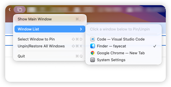 Screenshot of the new menu bar window list