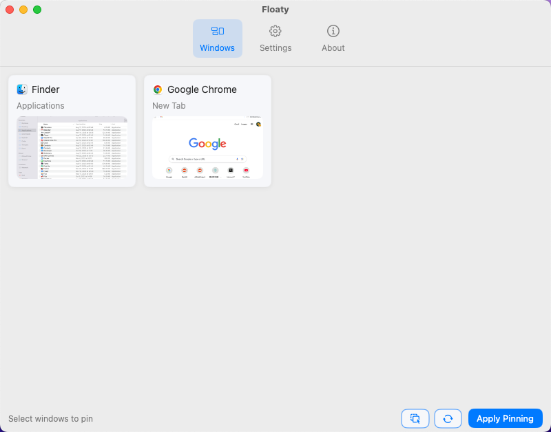 Light-mode window picker highlighting Finder and Chrome ready to pin