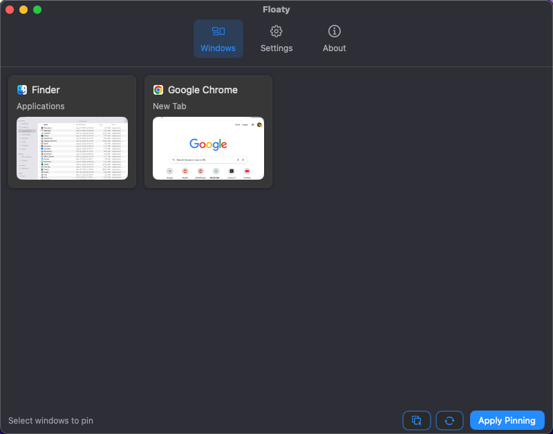 Dark-mode workspace showing pinned Finder and Chrome windows ready for capture
