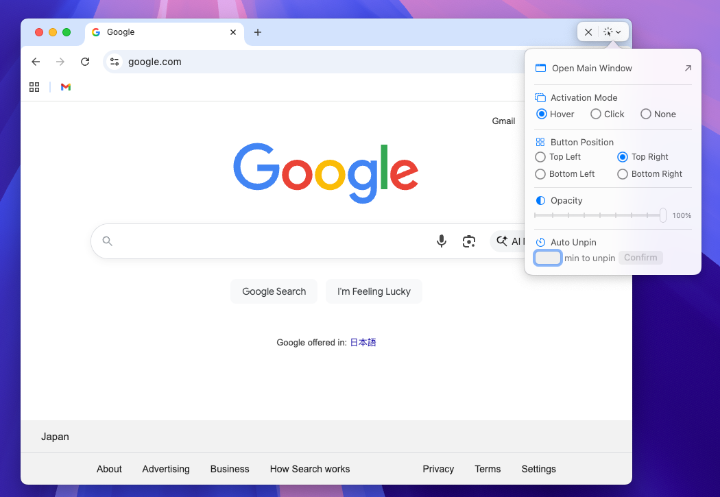 Floaty pinning options showing opacity, Activation Mode, and Auto Unpin settings