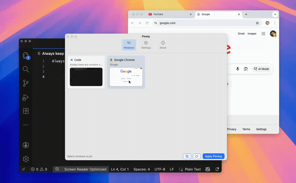 Demo: pin window mac floating chrome above VS Code on macOS